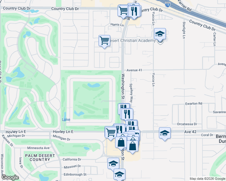 map of restaurants, bars, coffee shops, grocery stores, and more near 41289 Woodhaven Drive East in Palm Desert