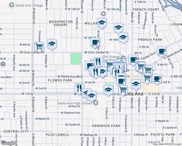 map of restaurants, bars, coffee shops, grocery stores, and more near in Santa Ana