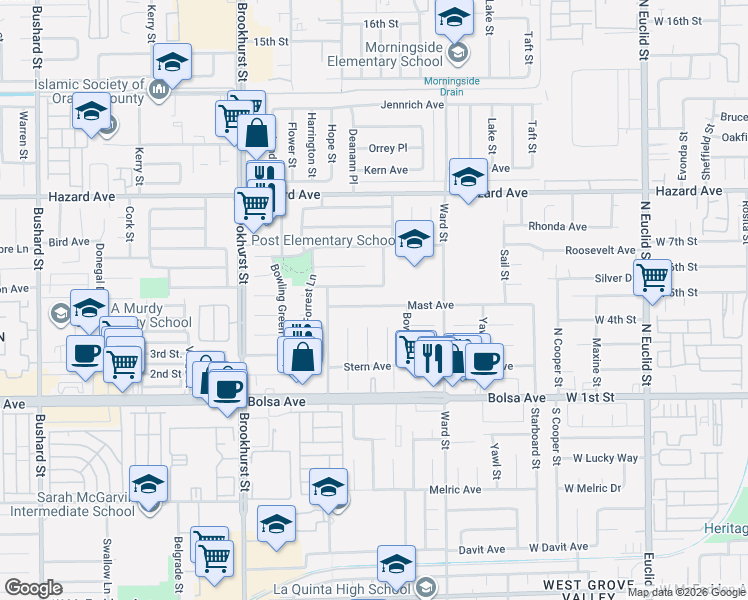 map of restaurants, bars, coffee shops, grocery stores, and more near 10341 Mast Avenue in Westminster