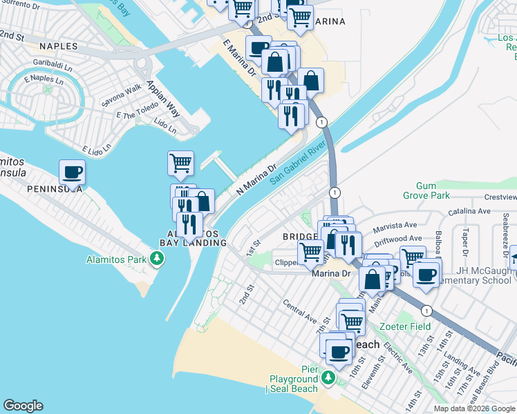 map of restaurants, bars, coffee shops, grocery stores, and more near 41 Riversea Road in Seal Beach