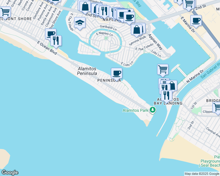 map of restaurants, bars, coffee shops, grocery stores, and more near 18 61st Place in Long Beach