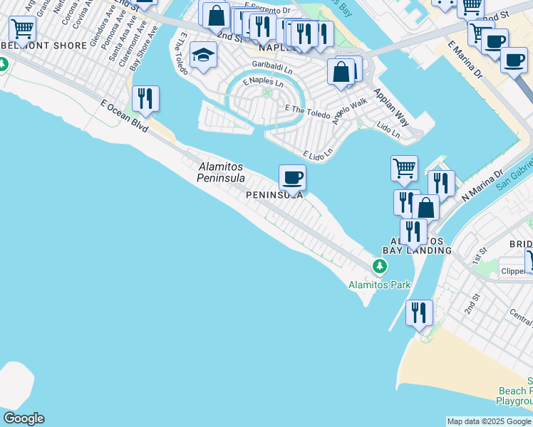map of restaurants, bars, coffee shops, grocery stores, and more near in Long Beach