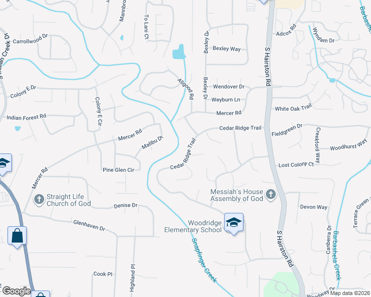 map of restaurants, bars, coffee shops, grocery stores, and more near 4504 Cedar Ridge Trail in Stone Mountain
