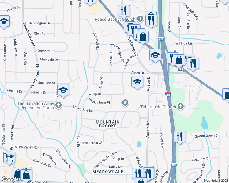 map of restaurants, bars, coffee shops, grocery stores, and more near 3217 Tulip Drive in Decatur