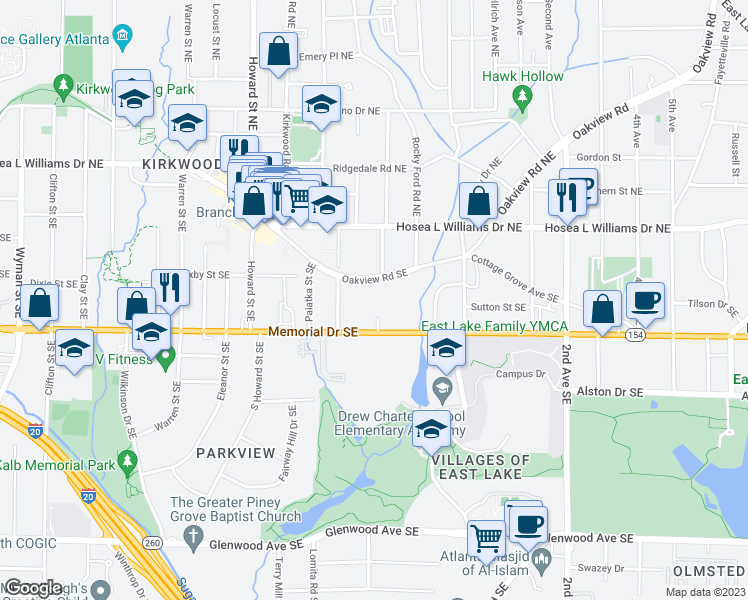 map of restaurants, bars, coffee shops, grocery stores, and more near 2125 Oakview Road Southeast in Atlanta