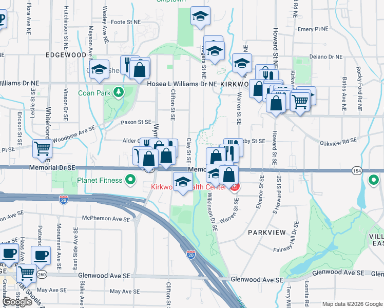 map of restaurants, bars, coffee shops, grocery stores, and more near 178 Clay Street Southeast in Atlanta