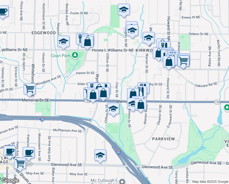 map of restaurants, bars, coffee shops, grocery stores, and more near 174 Clifton Street Southeast in Atlanta