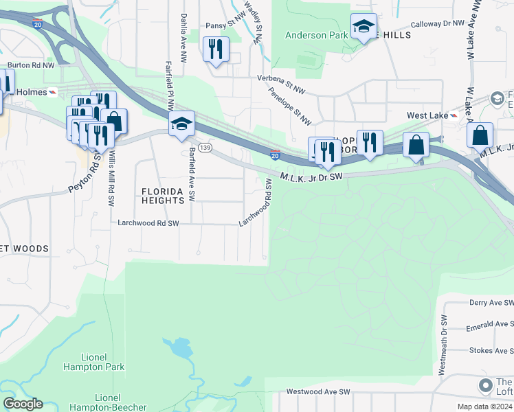 map of restaurants, bars, coffee shops, grocery stores, and more near 2121 Larchwood Road Southwest in Atlanta
