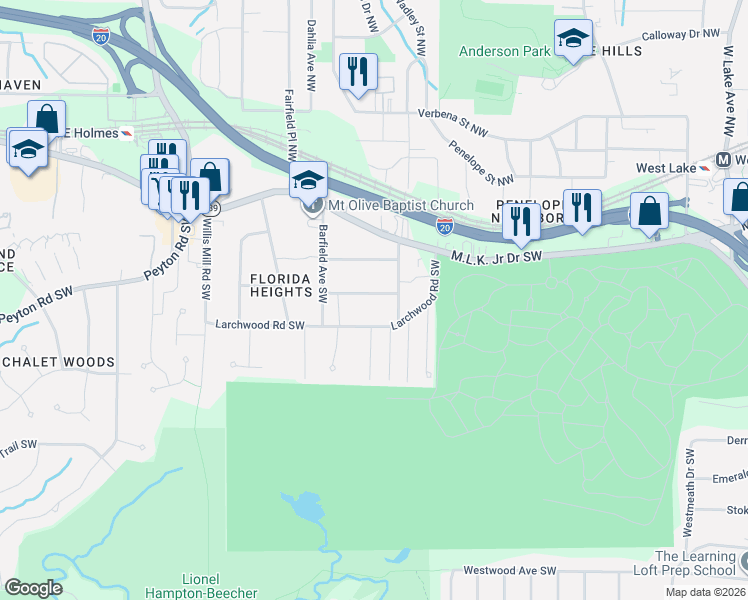 map of restaurants, bars, coffee shops, grocery stores, and more near 2166 Wingate Street Southwest in Atlanta