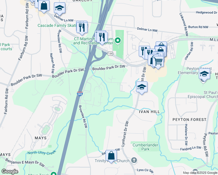 map of restaurants, bars, coffee shops, grocery stores, and more near 3230 Cushman Circle Southwest in Atlanta