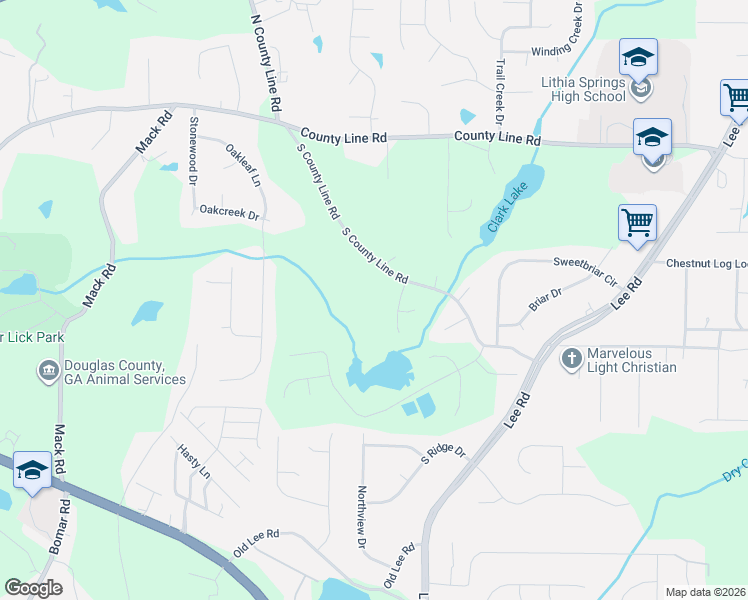 map of restaurants, bars, coffee shops, grocery stores, and more near 2015 South County Line Road in Lithia Springs