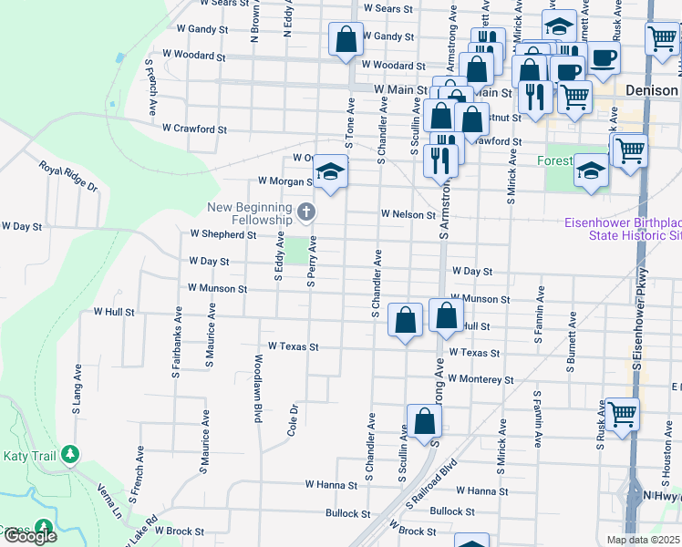 map of restaurants, bars, coffee shops, grocery stores, and more near 1124 West Day Street in Denison