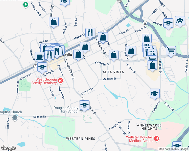 map of restaurants, bars, coffee shops, grocery stores, and more near 8523 Duncan Street in Douglasville