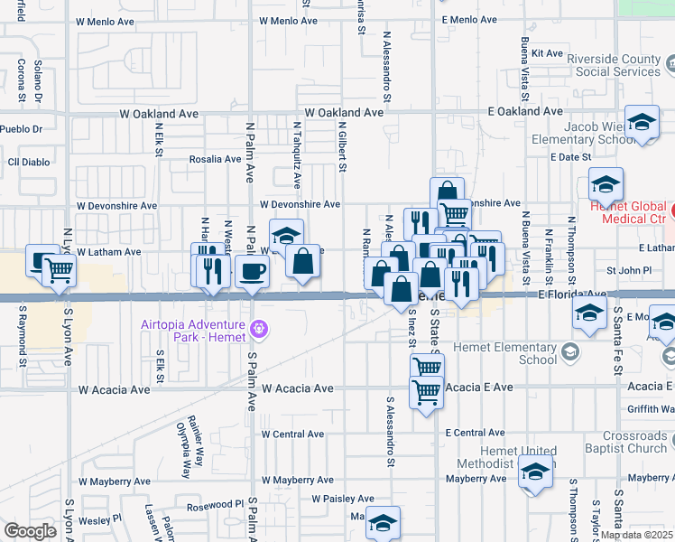 map of restaurants, bars, coffee shops, grocery stores, and more near 136 North Gilbert Street in Hemet