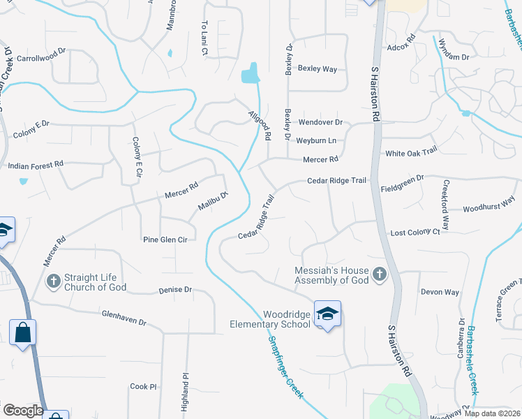 map of restaurants, bars, coffee shops, grocery stores, and more near 4504 Cedar Ridge Trail in Stone Mountain