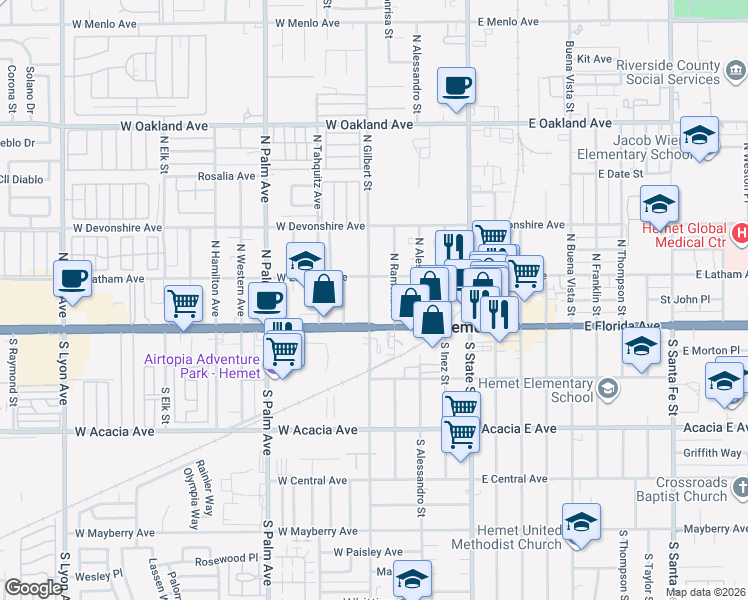 map of restaurants, bars, coffee shops, grocery stores, and more near 138 North Gilbert Street in Hemet