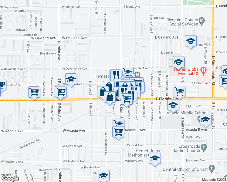 map of restaurants, bars, coffee shops, grocery stores, and more near 135 North Inez Street in Hemet