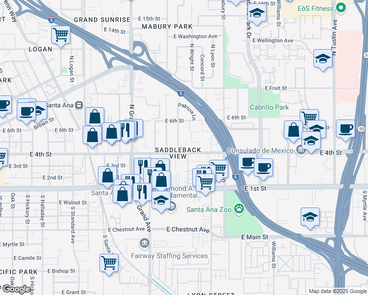 map of restaurants, bars, coffee shops, grocery stores, and more near 1611 East 4th Street in Santa Ana