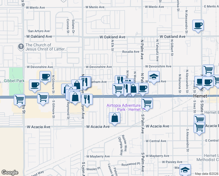 map of restaurants, bars, coffee shops, grocery stores, and more near 1325 West Latham Avenue in Hemet