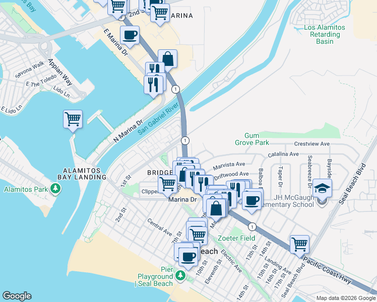 map of restaurants, bars, coffee shops, grocery stores, and more near 200 Coastline Drive in Seal Beach