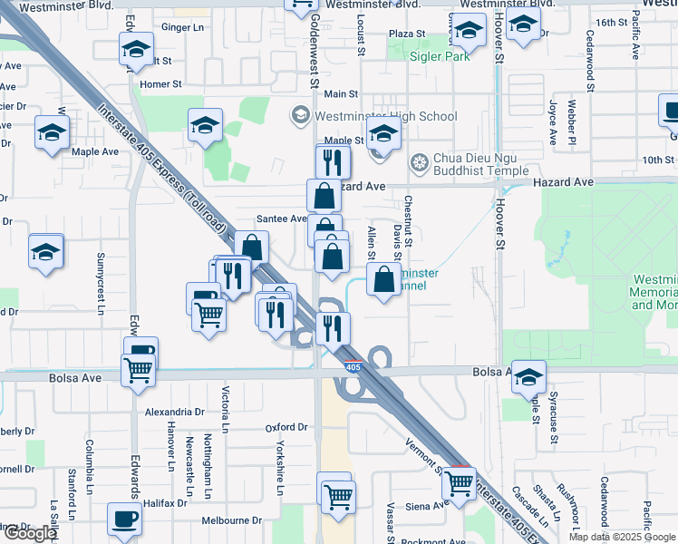 map of restaurants, bars, coffee shops, grocery stores, and more near 14726 Goldenwest Street in Westminster