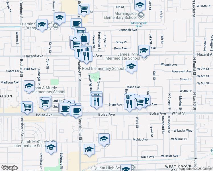 map of restaurants, bars, coffee shops, grocery stores, and more near 10271 Mast Avenue in Westminster