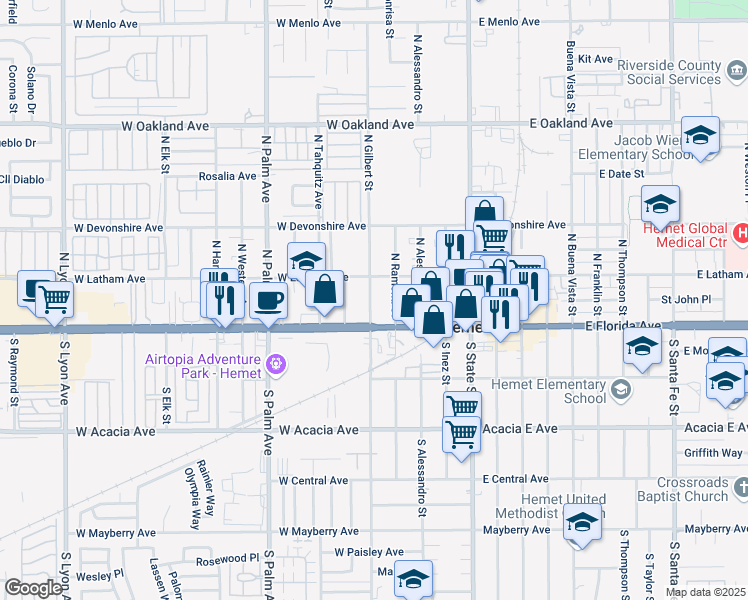 map of restaurants, bars, coffee shops, grocery stores, and more near 136 North Gilbert Street in Hemet