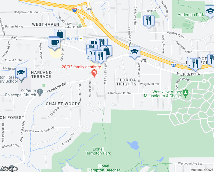 map of restaurants, bars, coffee shops, grocery stores, and more near 232 Willis Mill Road Southwest in Atlanta