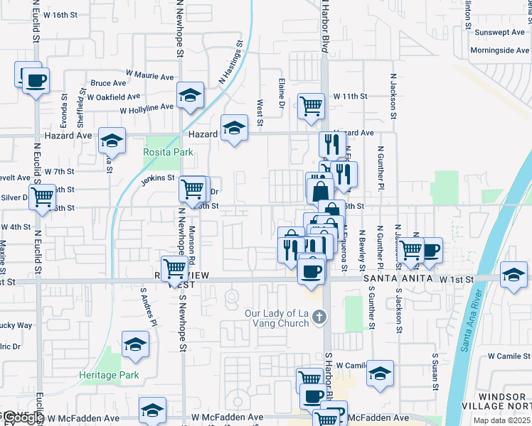 map of restaurants, bars, coffee shops, grocery stores, and more near 413 Summer Lane in Santa Ana