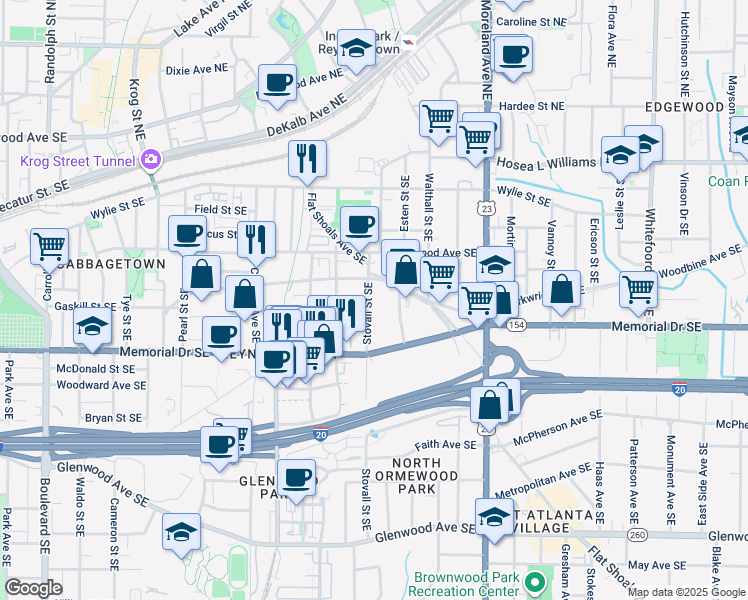 map of restaurants, bars, coffee shops, grocery stores, and more near 194 Stovall Street Southeast in Atlanta