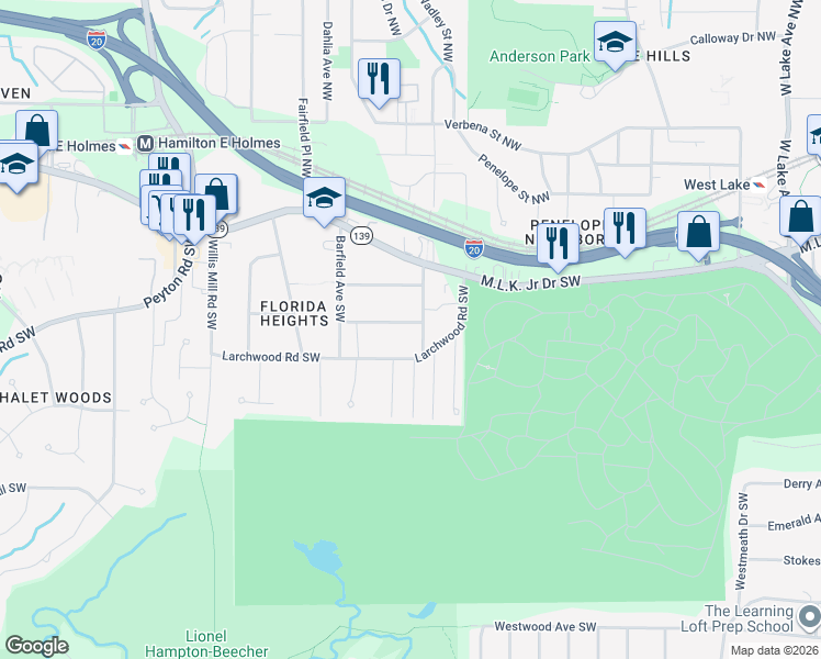 map of restaurants, bars, coffee shops, grocery stores, and more near 2166 Wingate Street Southwest in Atlanta