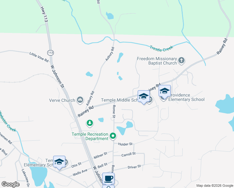 map of restaurants, bars, coffee shops, grocery stores, and more near 174 Rainey Rd in Temple