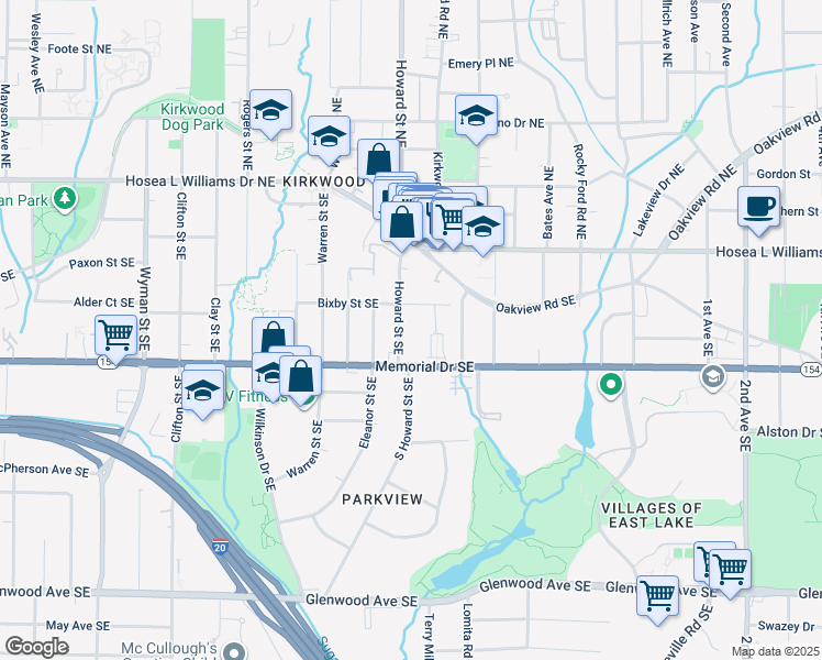 map of restaurants, bars, coffee shops, grocery stores, and more near 160 South Howard Street Southeast in Atlanta