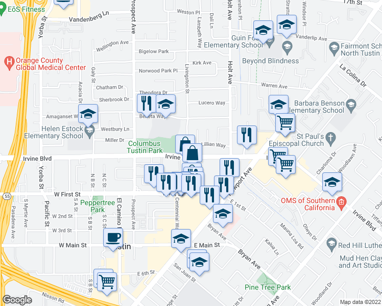 map of restaurants, bars, coffee shops, grocery stores, and more near 18051 Irvine Boulevard in Tustin