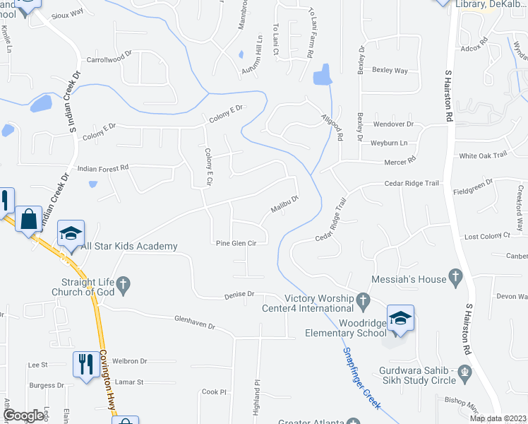 map of restaurants, bars, coffee shops, grocery stores, and more near 4430 Malibu Drive in Decatur