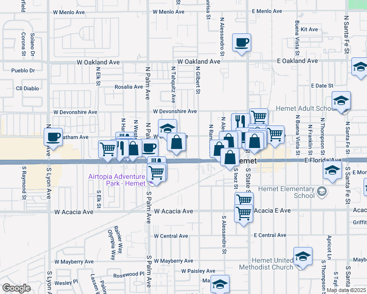 map of restaurants, bars, coffee shops, grocery stores, and more near 139 Las Lunas Street in Hemet