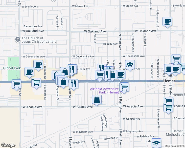 map of restaurants, bars, coffee shops, grocery stores, and more near 1325 West Latham Avenue in Hemet