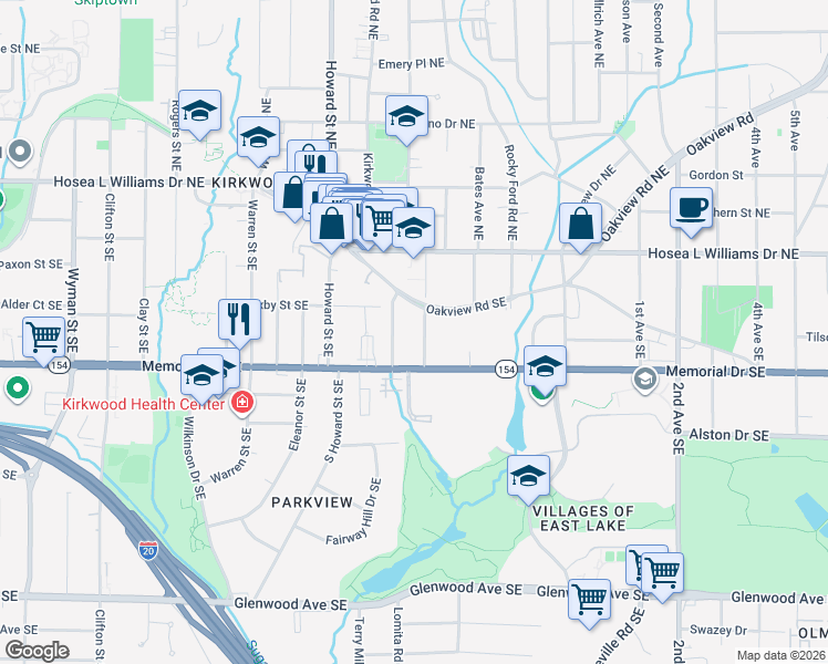 map of restaurants, bars, coffee shops, grocery stores, and more near 153 Douglas Street Southeast in Atlanta