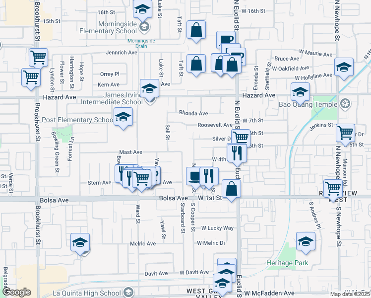 map of restaurants, bars, coffee shops, grocery stores, and more near 10731 Mast Avenue in Garden Grove