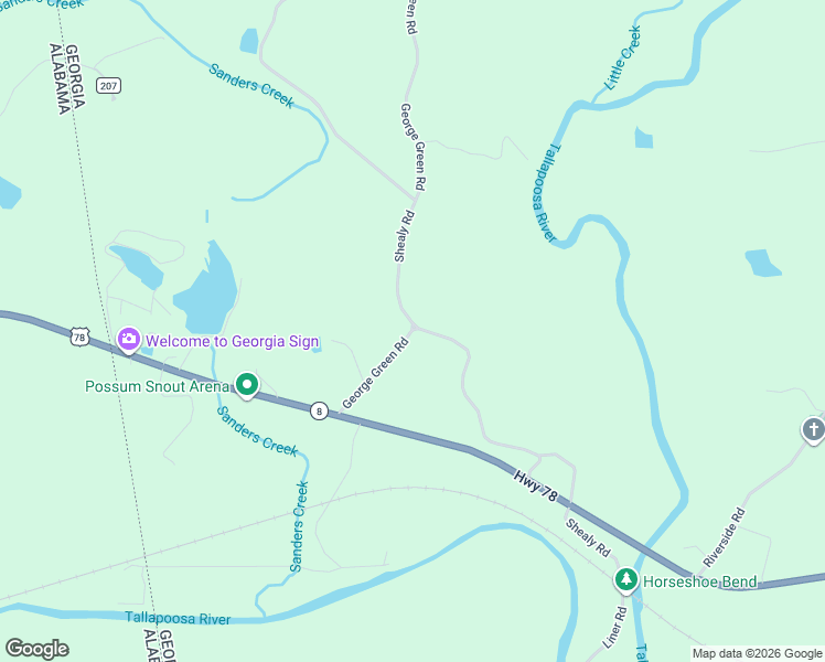 map of restaurants, bars, coffee shops, grocery stores, and more near 119 George Green Road in Tallapoosa