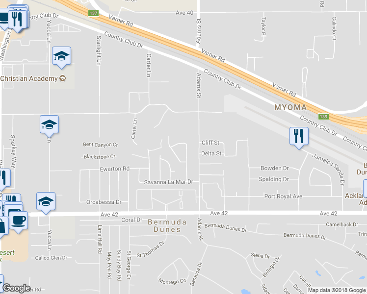 map of restaurants, bars, coffee shops, grocery stores, and more near 41411 Maroon Town Road in Bermuda Dunes