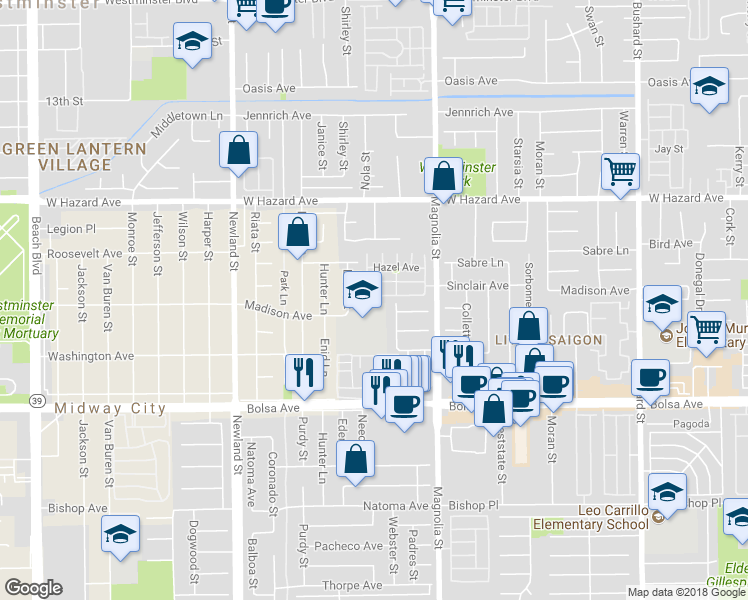 map of restaurants, bars, coffee shops, grocery stores, and more near 8836 Sycamore Avenue in Westminster