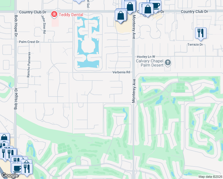 map of restaurants, bars, coffee shops, grocery stores, and more near 21 Emerald Court in Rancho Mirage