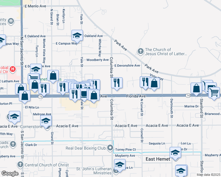 map of restaurants, bars, coffee shops, grocery stores, and more near 147 Columbia Street in Hemet