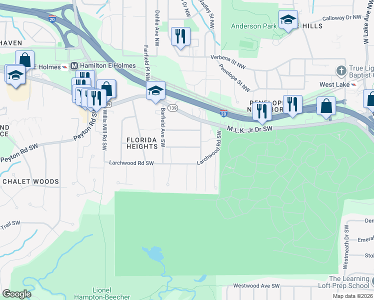 map of restaurants, bars, coffee shops, grocery stores, and more near 2184 Wingate Street Southwest in Atlanta