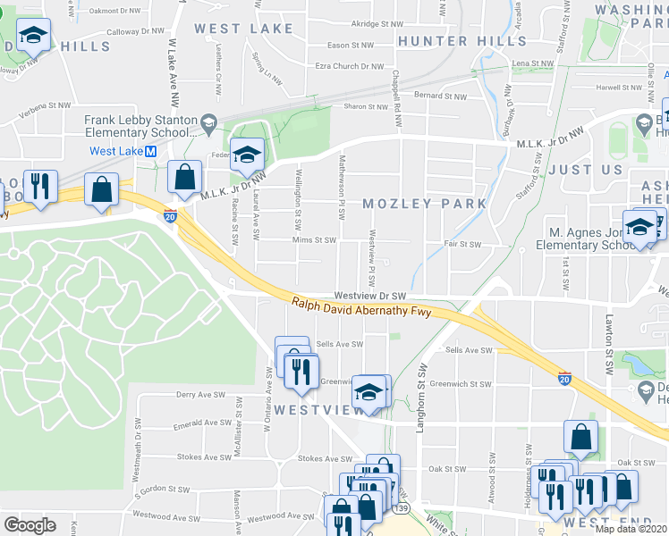 map of restaurants, bars, coffee shops, grocery stores, and more near 1539 Westview Drive Southwest in Atlanta