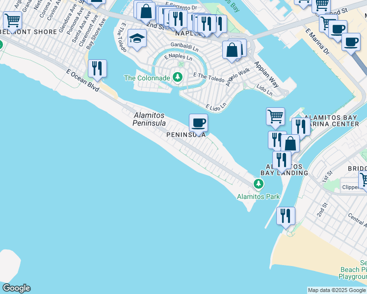 map of restaurants, bars, coffee shops, grocery stores, and more near 26 61st Place in Long Beach
