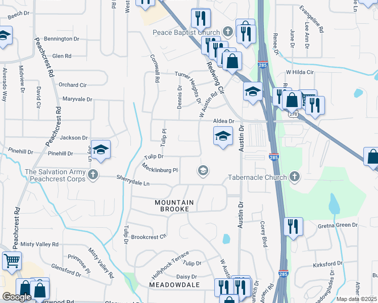 map of restaurants, bars, coffee shops, grocery stores, and more near 3217 Tulip Dr in Decatur