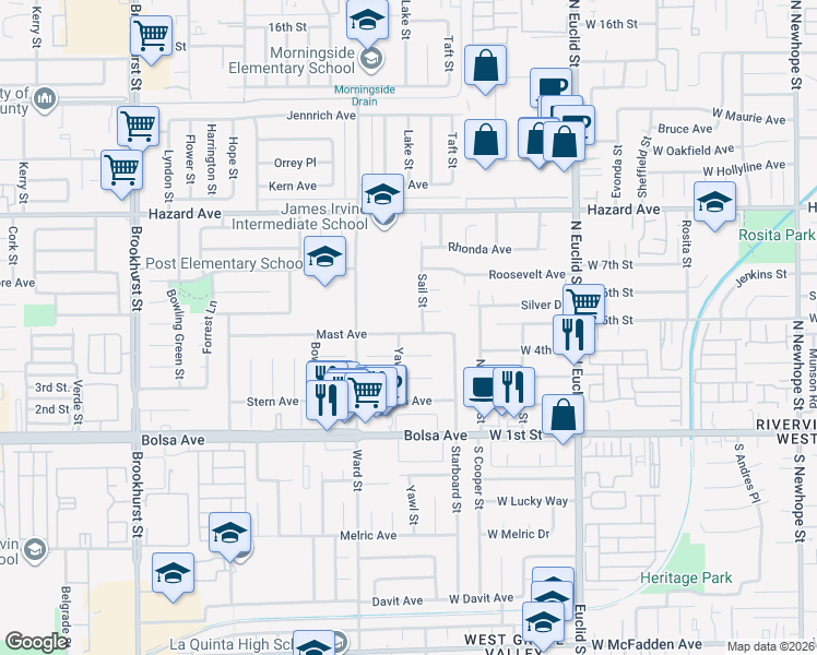 map of restaurants, bars, coffee shops, grocery stores, and more near 10651 Mast Avenue in Garden Grove