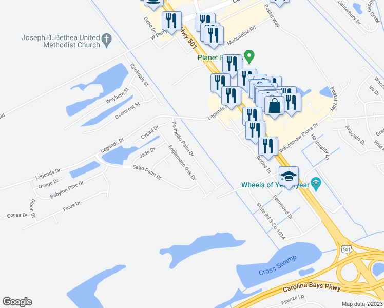 map of restaurants, bars, coffee shops, grocery stores, and more near 1655 Palmetto Palm Drive in Myrtle Beach